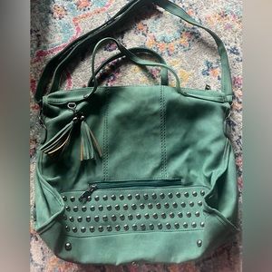 Forest Green Leather Purse with Tassels and Silver Studs